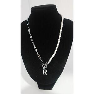 Pearl Initial R Necklace for Women Dainty Choker Paperclip Chain Jewelry Gift